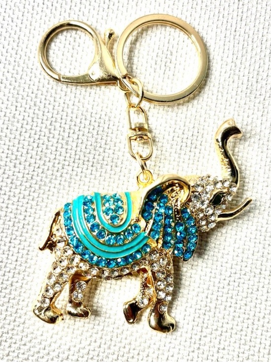 Accessories - Gold Elephant Keychain with Blue Crystal Embellishments